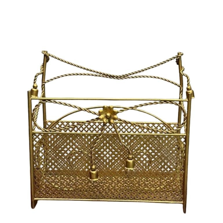 Hollywood Regency Gilt Bronze Magazine Rack, Rope an Tassel Form