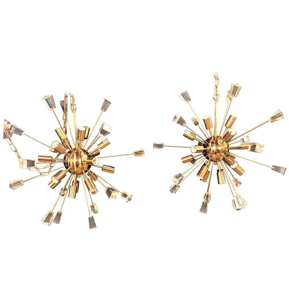 Pair of Brass 18 Light Sputnik Chandeliers in Mid-Century Modern Style