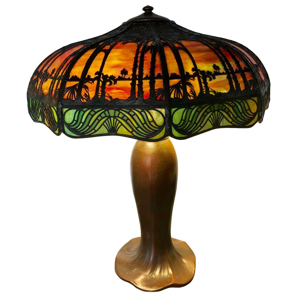 Arts & Crafts Handel Palm Tree Table Lamp Signed on Base and Shade