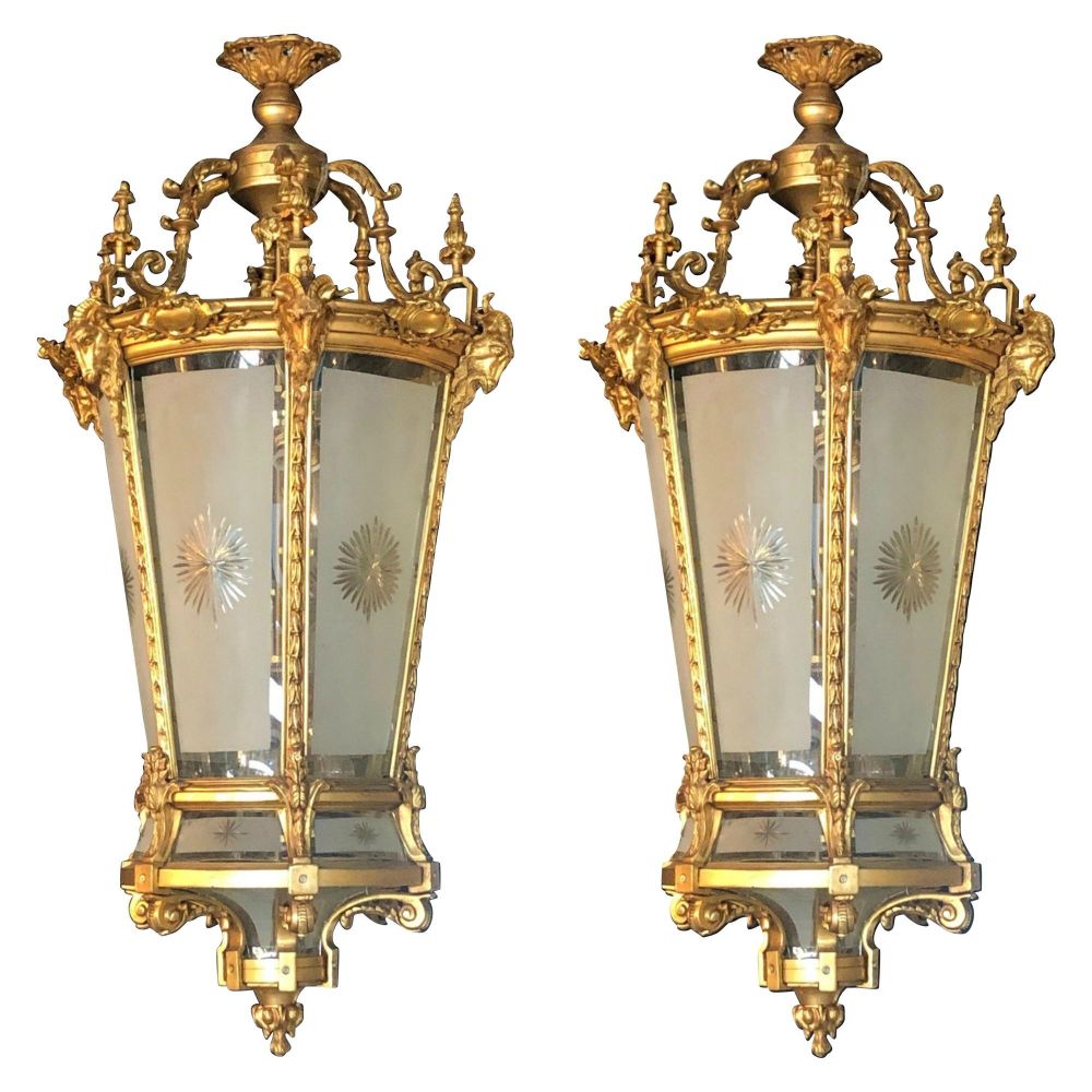 Pair of Louis XVI Style Monumental Dore Bronze Rams Head Etched Glass Lanterns