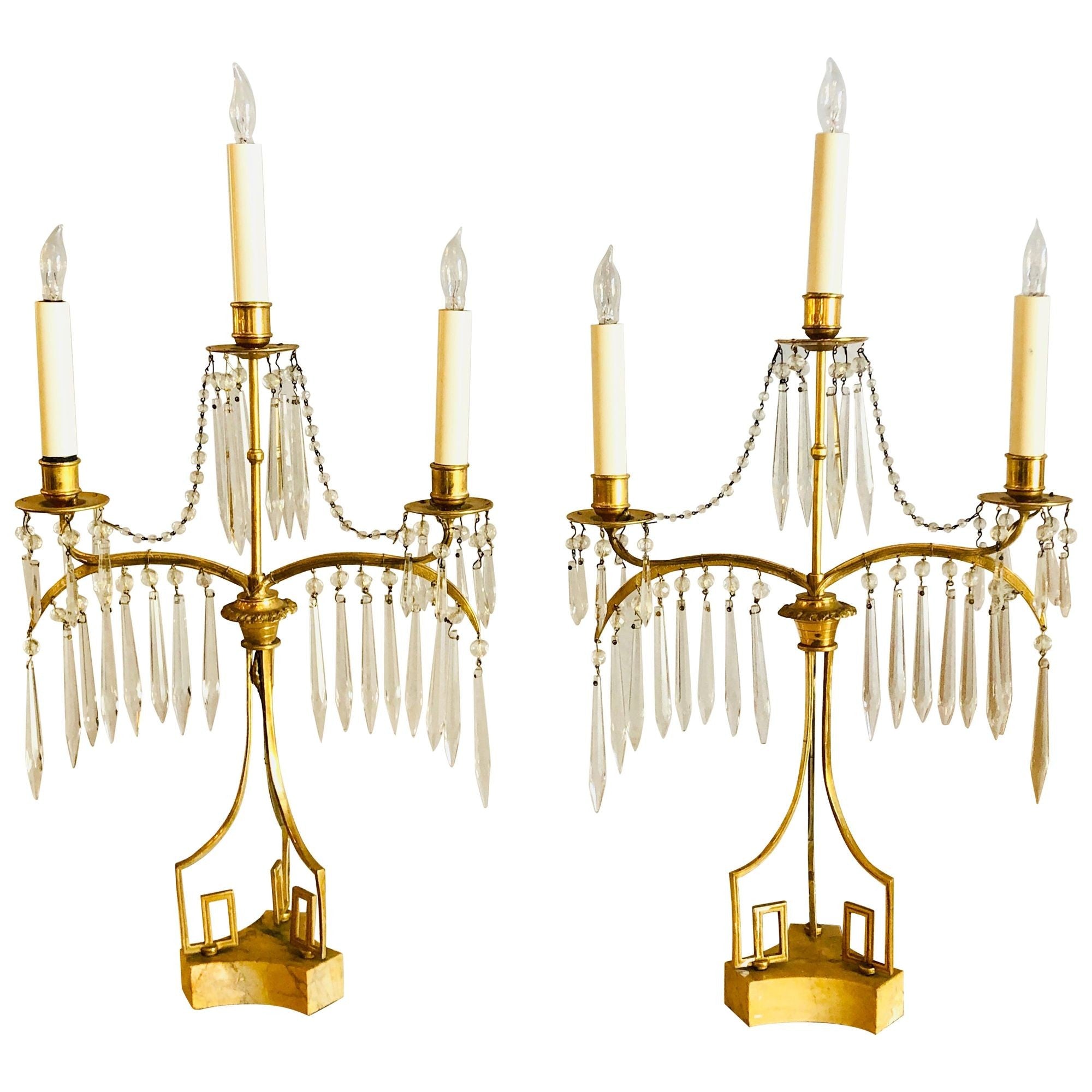 Russian Neoclassical, Table Lamps, Dore Bronze, Crystal, France, 19th C.