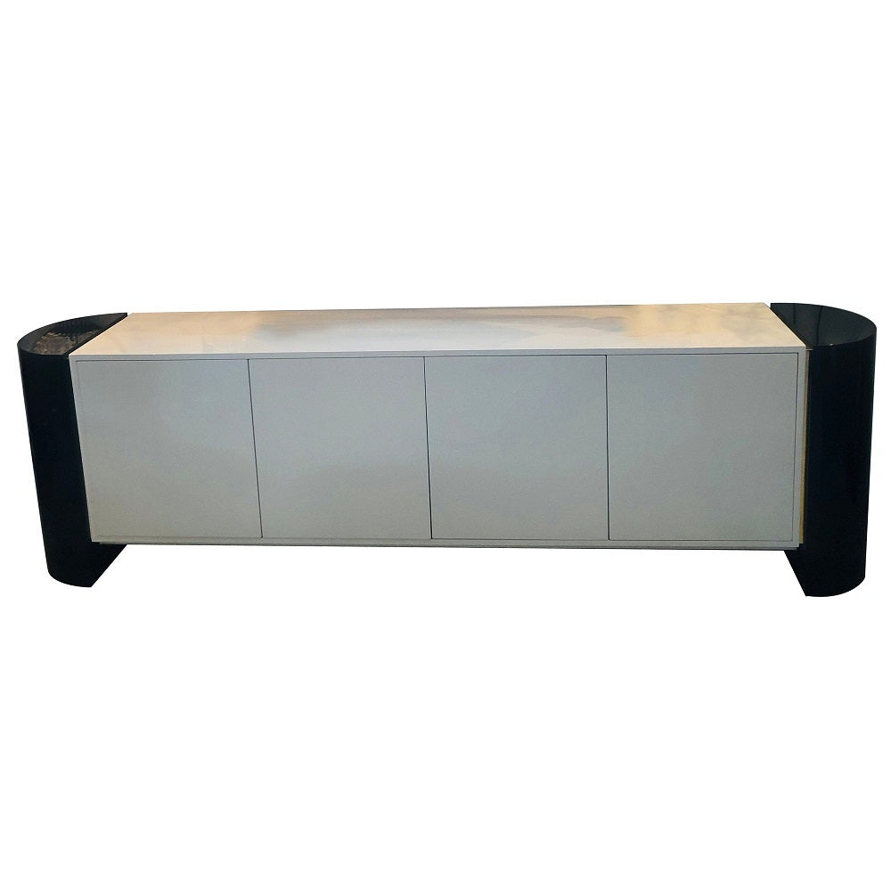 Mid-Century Modernist Long Black and White Lacquered Credenza Sideboard Cabinet