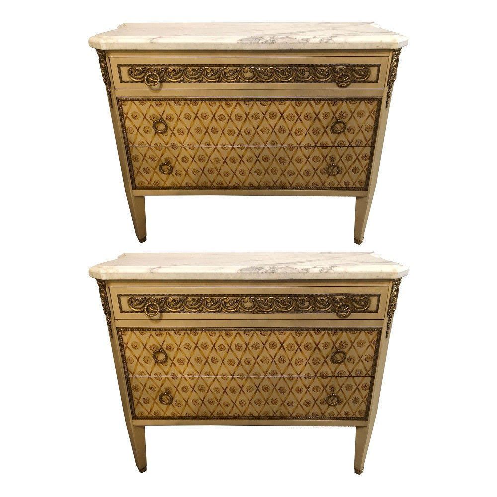 Hollywood Regency Maison Jansen Style Bronze Mounted Commodes Chests Nightstands