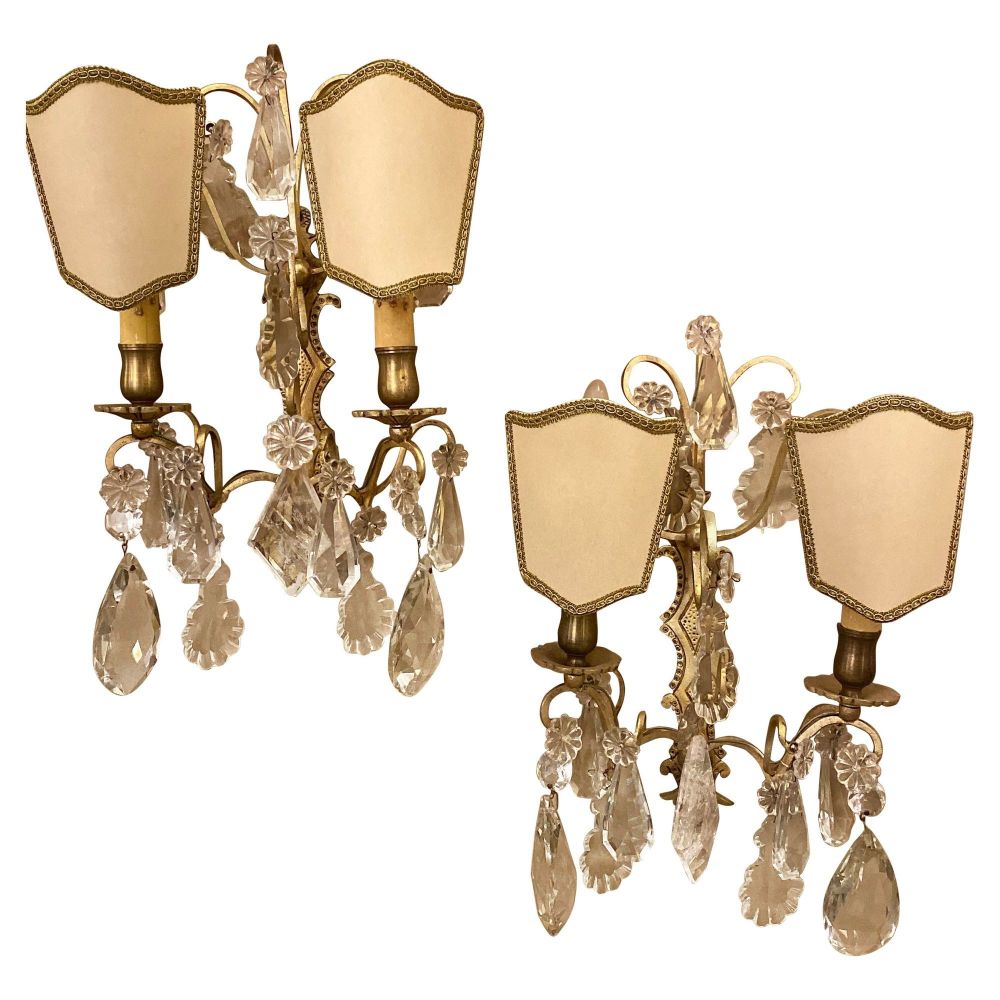 Pair of Two-Light Covered Mixed Crystal and Rock Crystal Bronze Wall Sconces