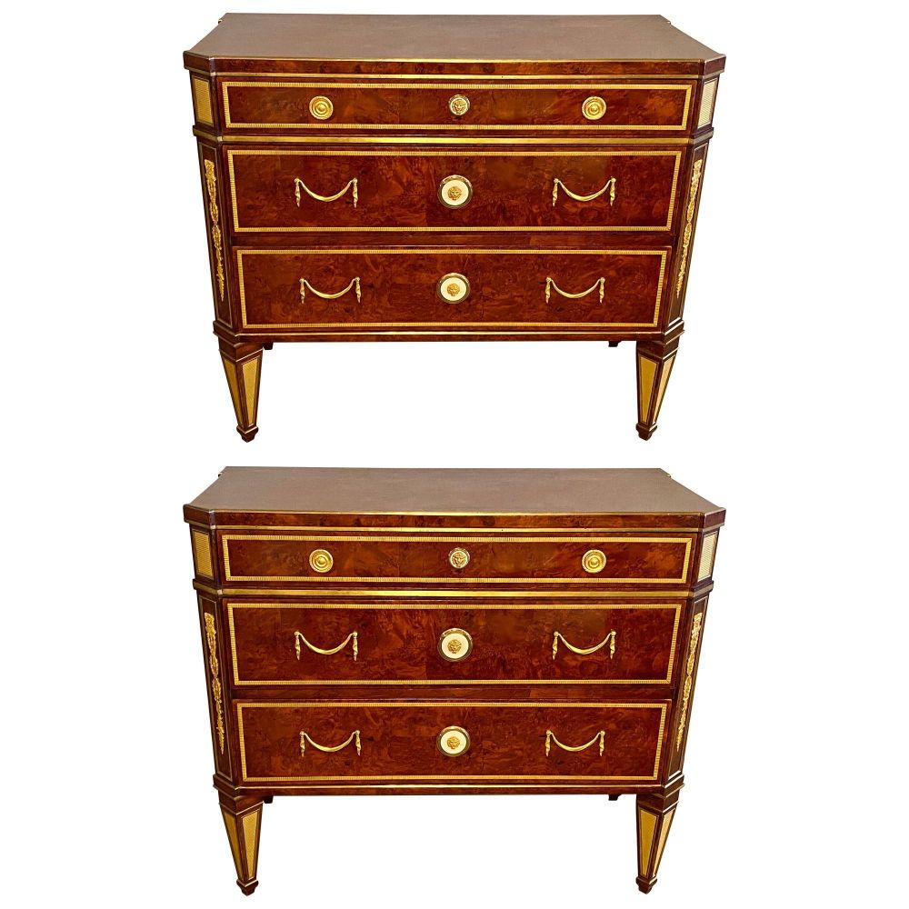 Pair of Hollywood Regency Jansen Style Chests or Commodes Tortoise Shell Finish