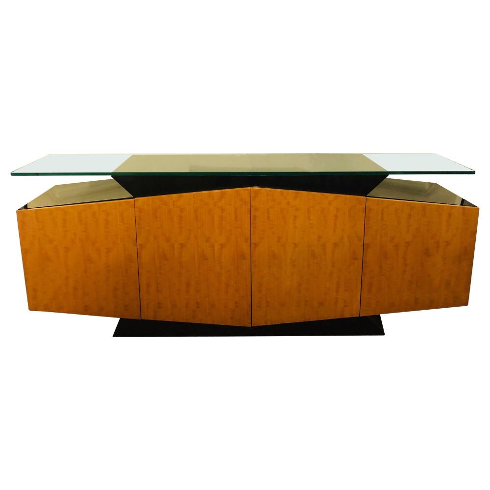 Pace Collection Burl and Ebony Floating Beveled Glass Top Sideboard Cabinet