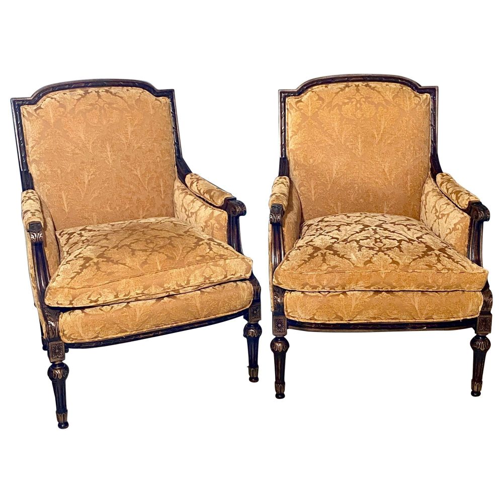 Pair of Jansen Style Fauteuils or Armchairs, Louis XVI Form with Velvet Fabric