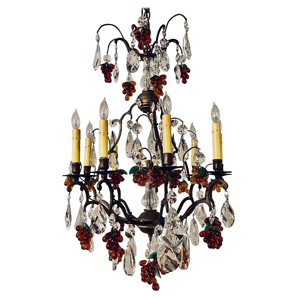 French Bronze Patina 9-Light Chandelier Cut Crystal & Glass Fruit Decorations