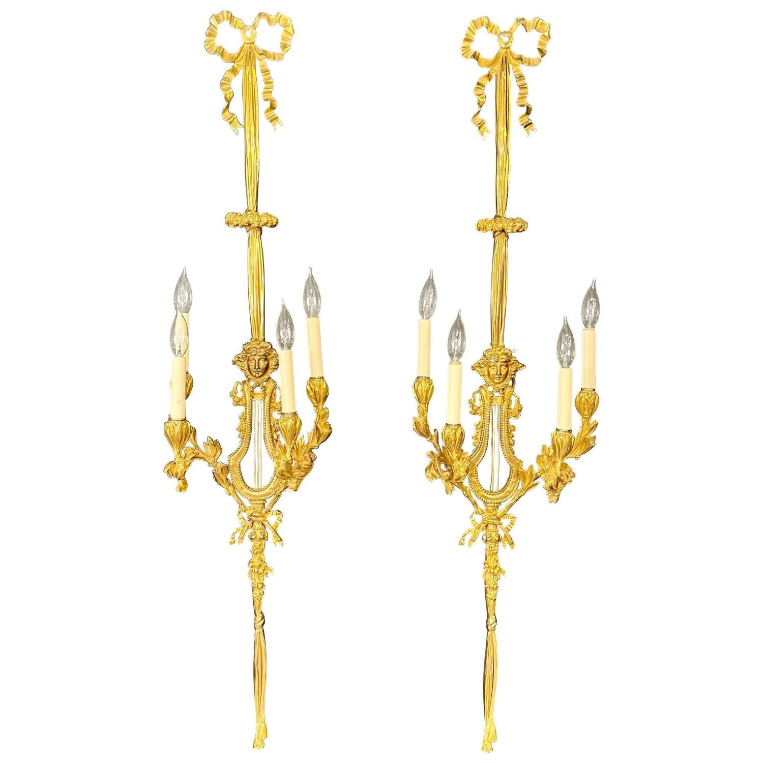 Pair of Louis XVI Style Doré Bronze Sconces Monumental Ribbon and Tassel Form