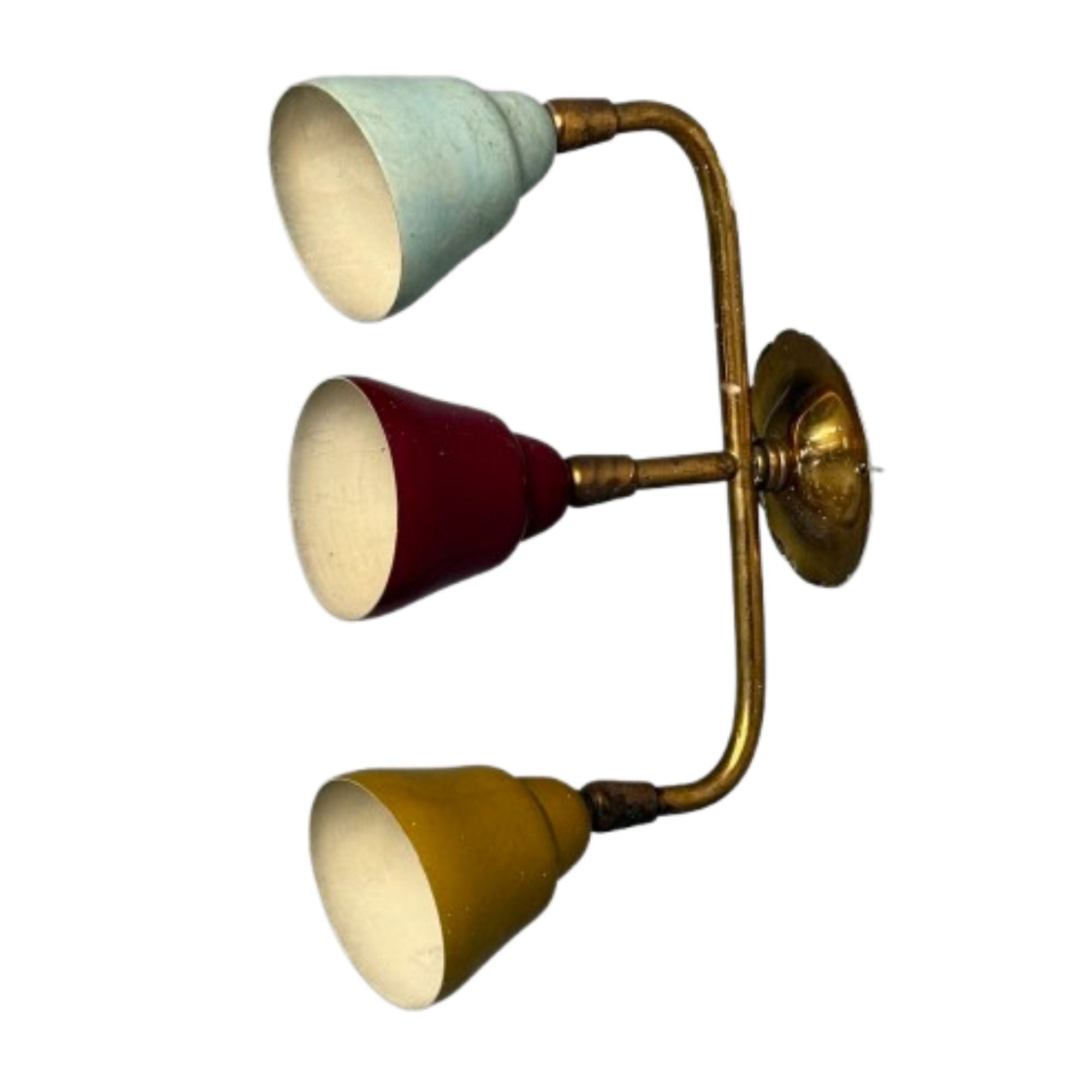 Italian Mid-Century Modern, Three Light Wall Sconce, Metal, Tri-Color Aluminum