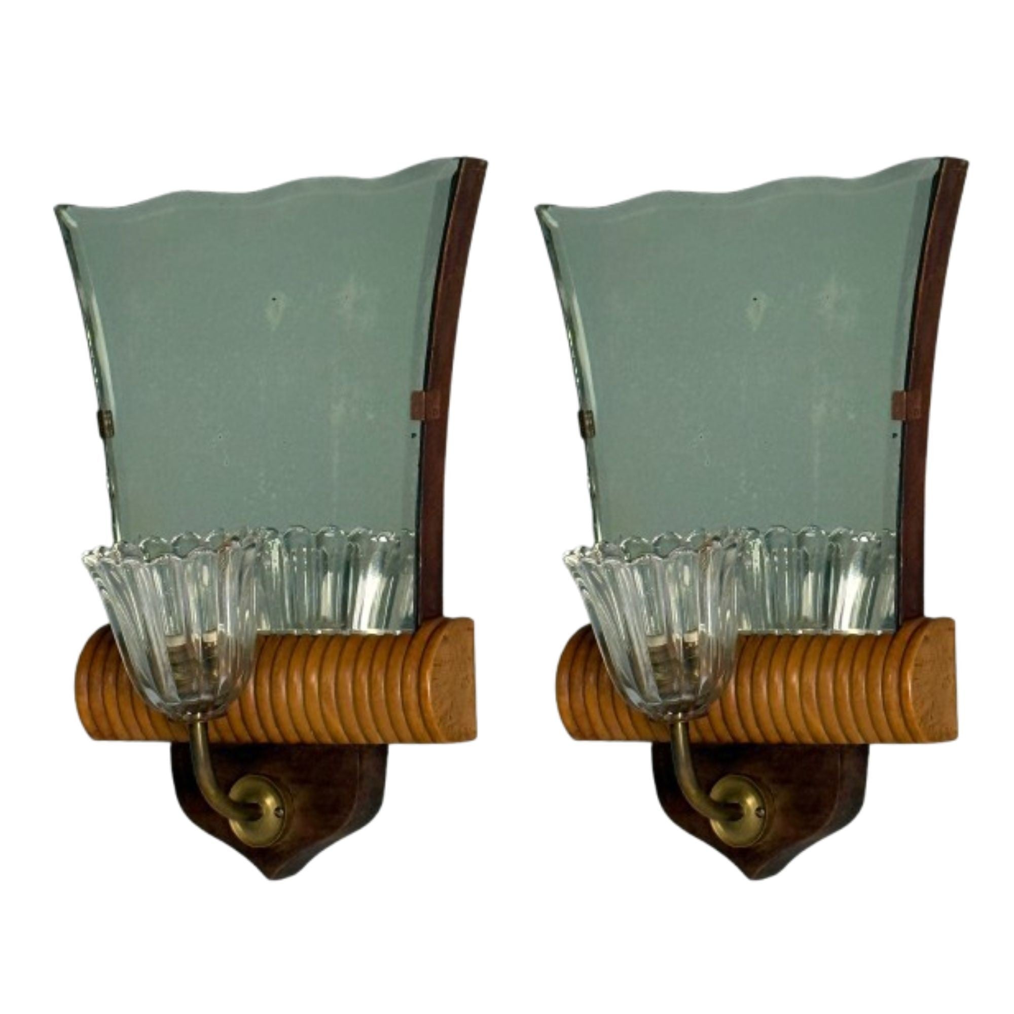 Italian Mid-Century Modern, Mirrored Wall Sconces, Brass, Wood, Italy, 1940s