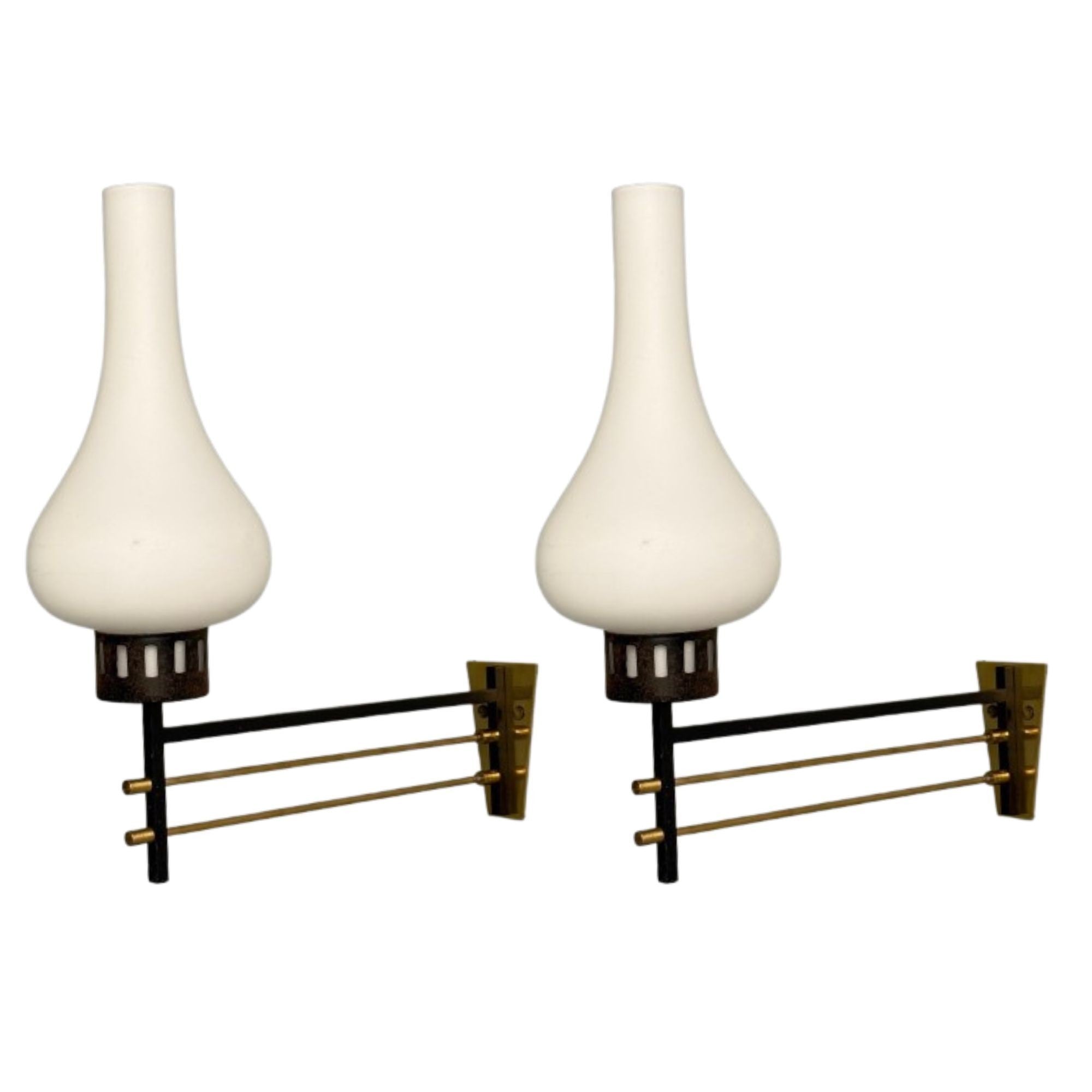 Italian Mid-Century Modern, Wall Sconces, Patinated Brass, Opaline Glass, 1950s