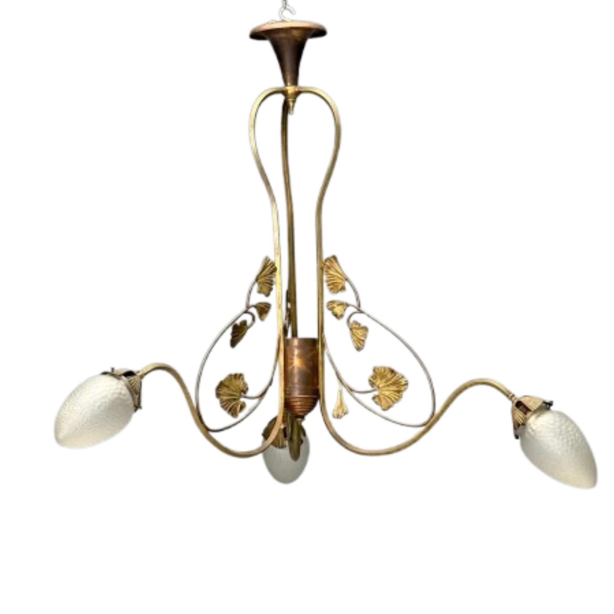 Italian Mid-Century Modern, Floral Chandelier, Brass, Copper, Italy, 1920s