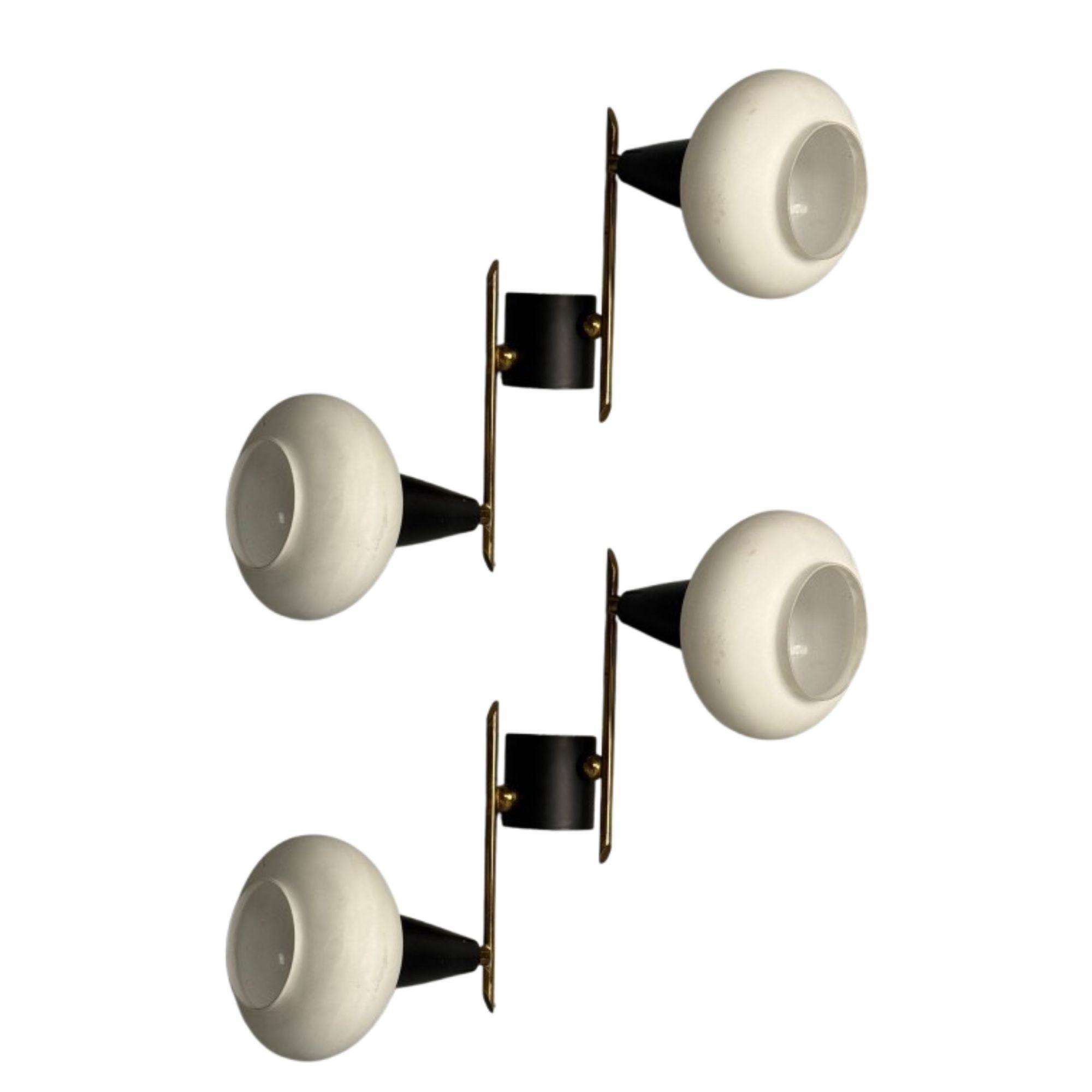 Italian Mid-Century Modern, Adjustable Wall Sconces, Brass, Opaline Glass, 1960s