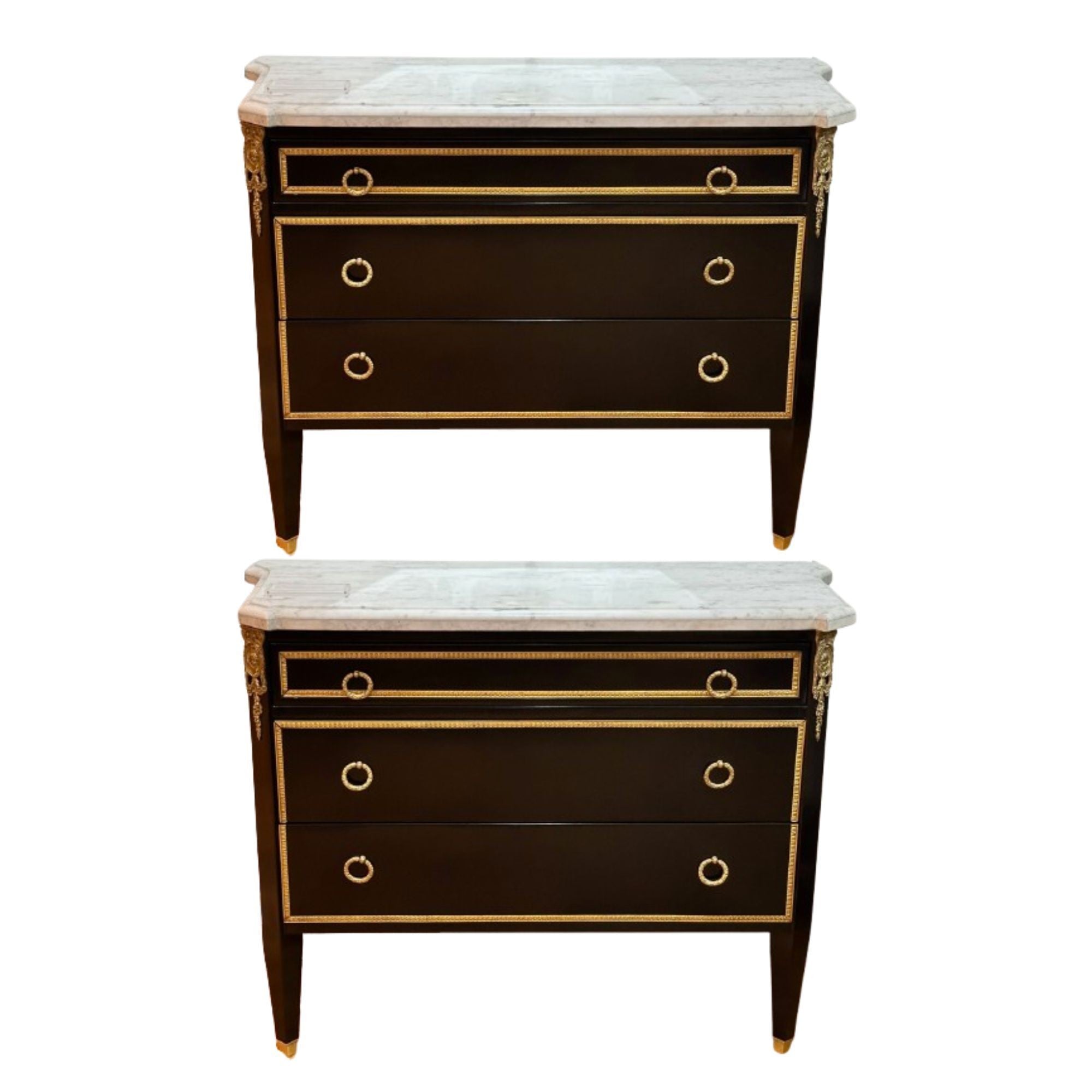 Louis XVI, Hollywood Regency, Commodes, Black Painted Wood, Bronze, Marble