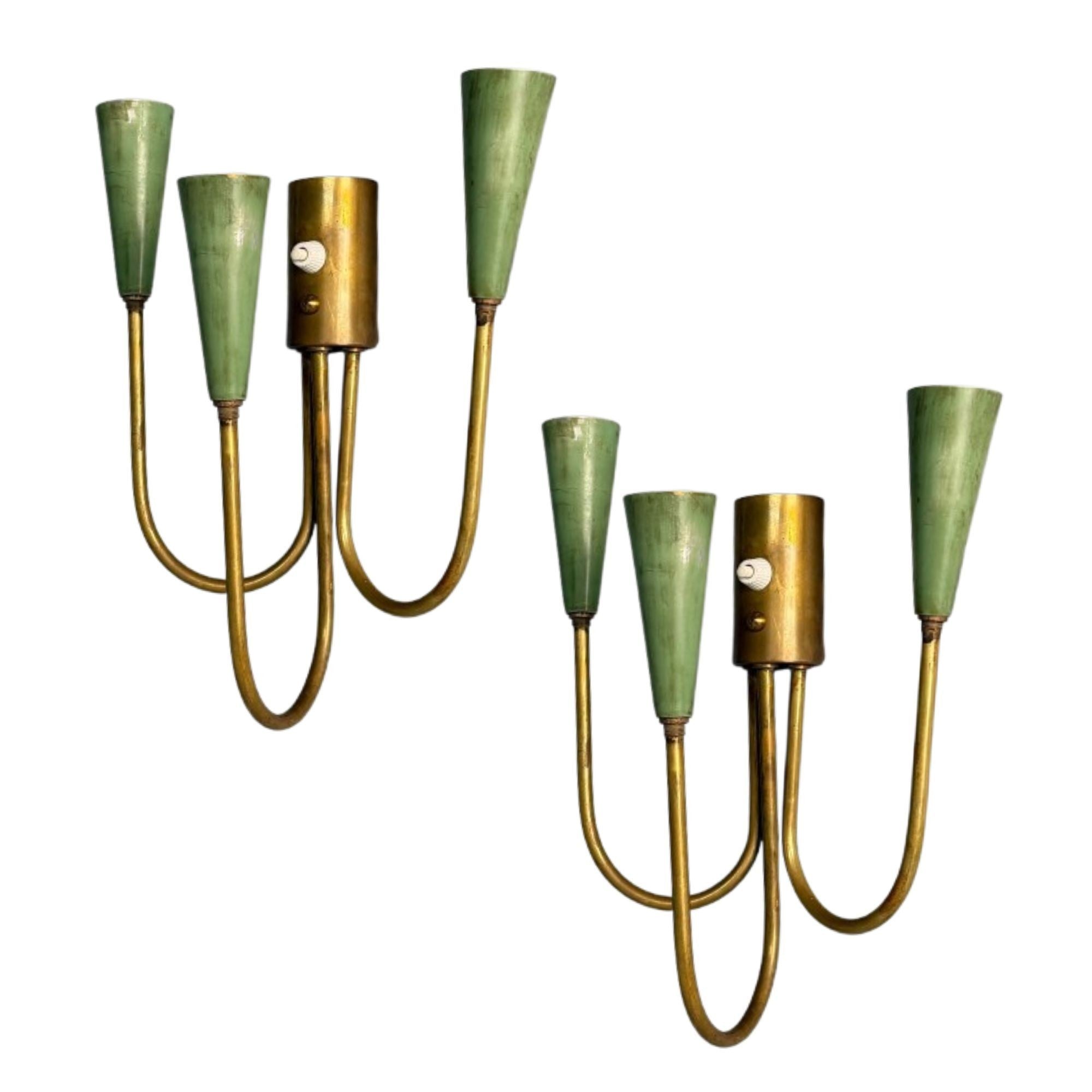 Arredoluce, Italian Mid-Century Modern, Wall Sconces, Brass, Green Metal, 1960s