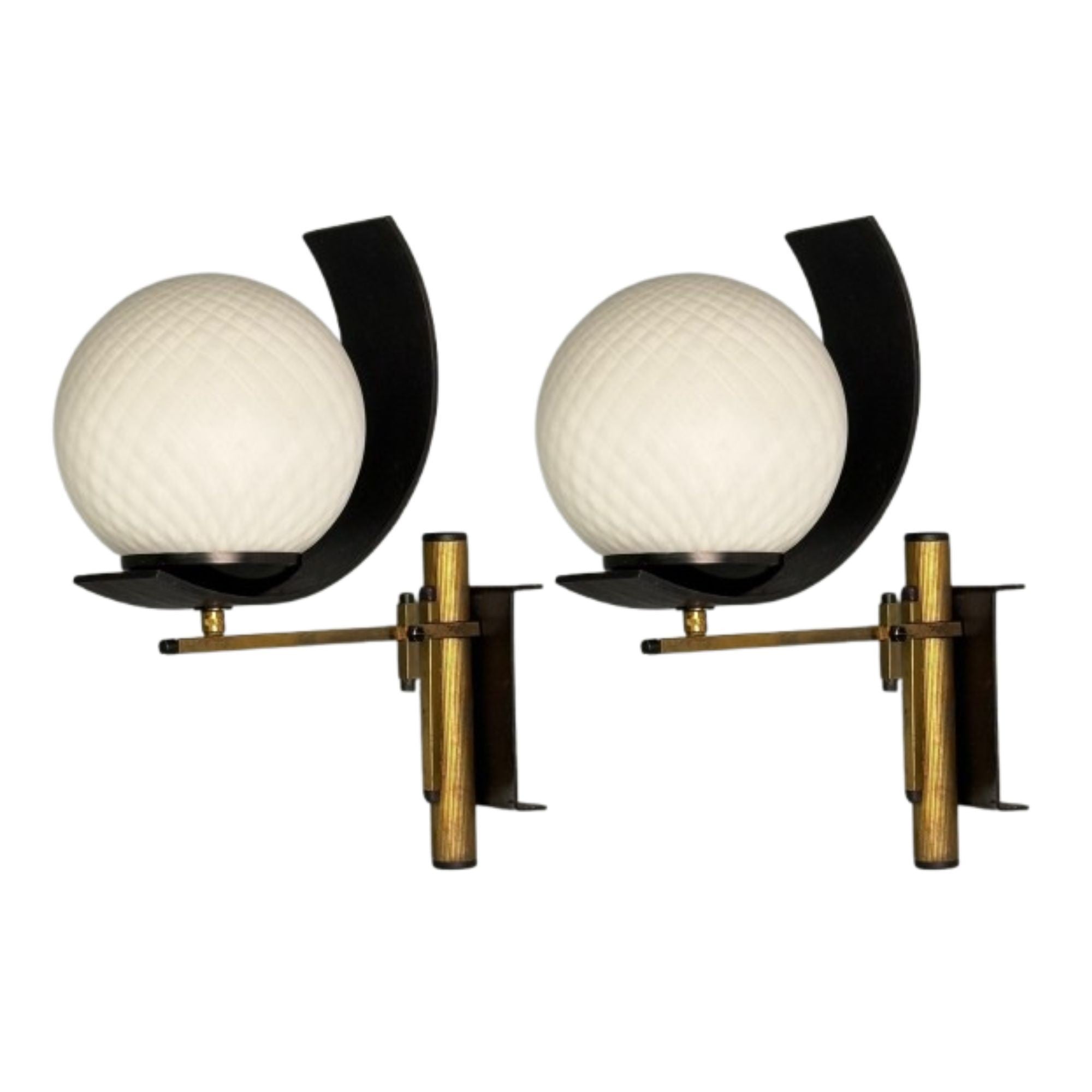 Stilux Attr., Italian Mid-Century Modern, Dome Wall Sconces, Brass, Iron, Glass