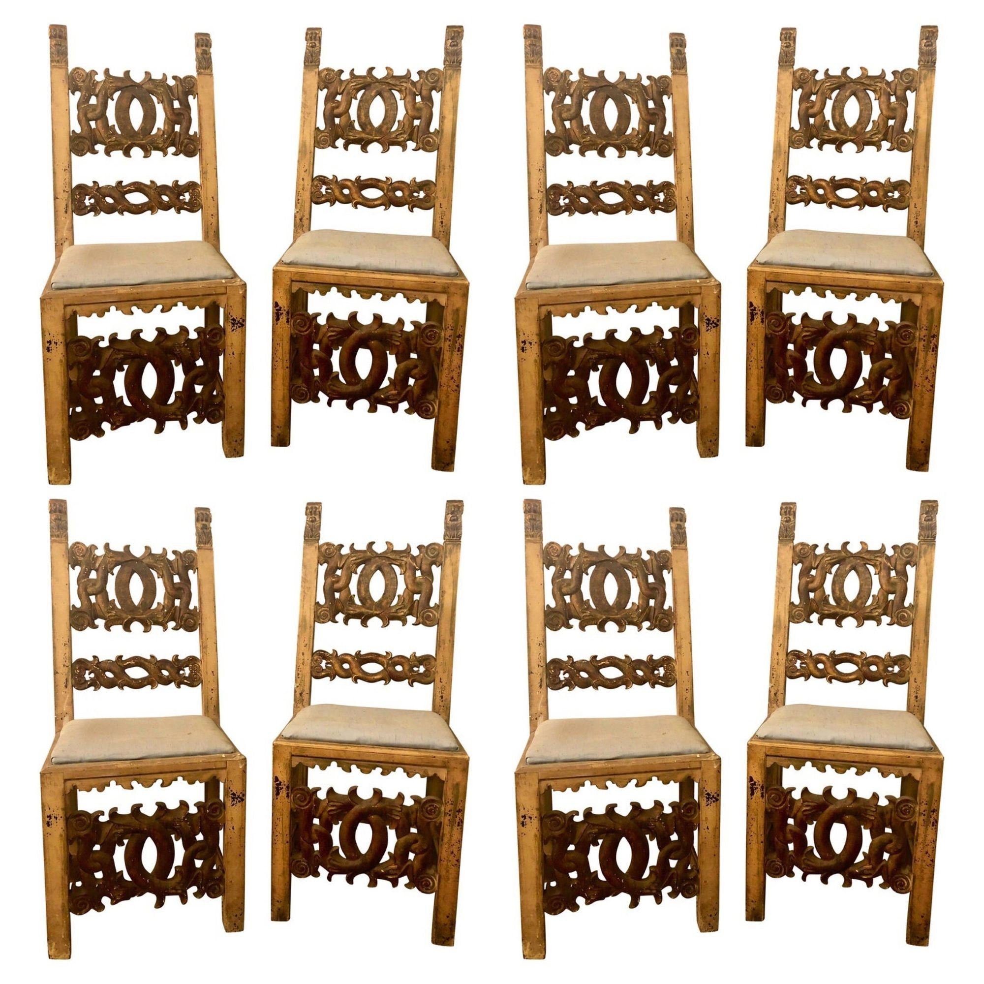 Set of 8 19th Century Italian Renaissance Revival Carved Dining Chairs