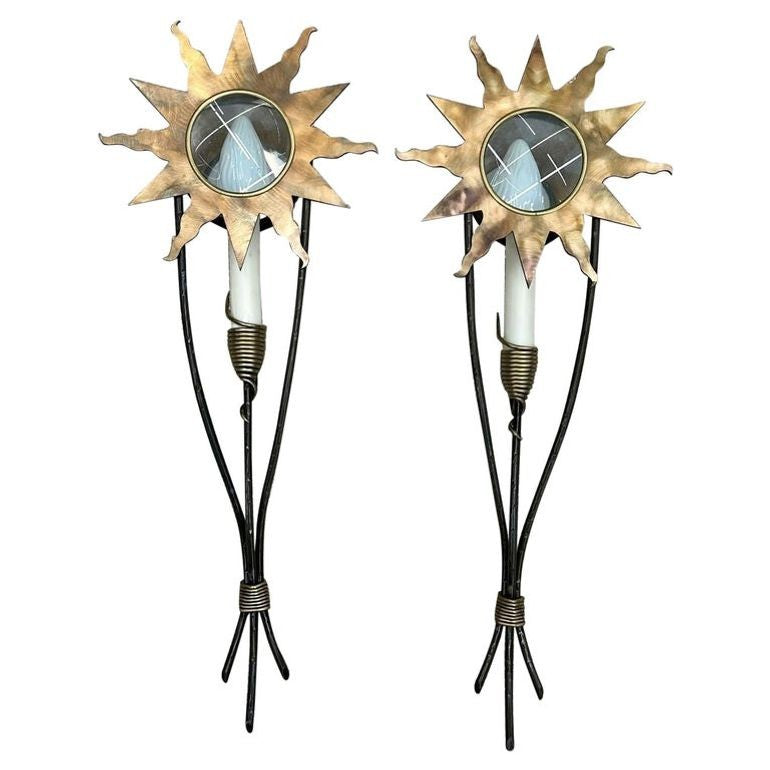 Maison Lunel Style, French Mid-Century Modern, Star Wall Sconces, Bronze, Steel