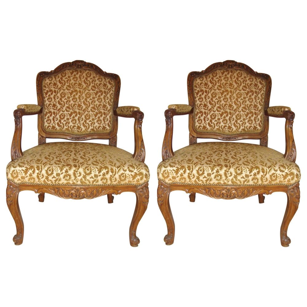 Pair of Rococo Craved Louis XV Style Armchairs