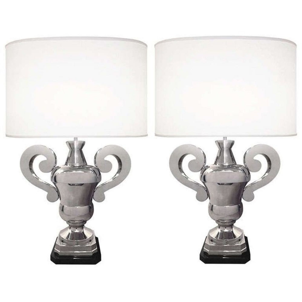 Pair of Hollywood Regency Polished Nickel Table Lamps, Large Urns