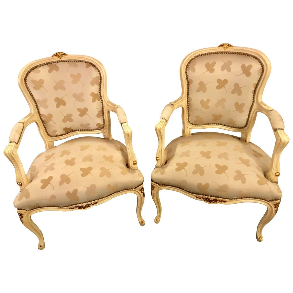 Pair of French Louis XV Style Parcel-Gilt and Paint Decorated Bergere Chairs