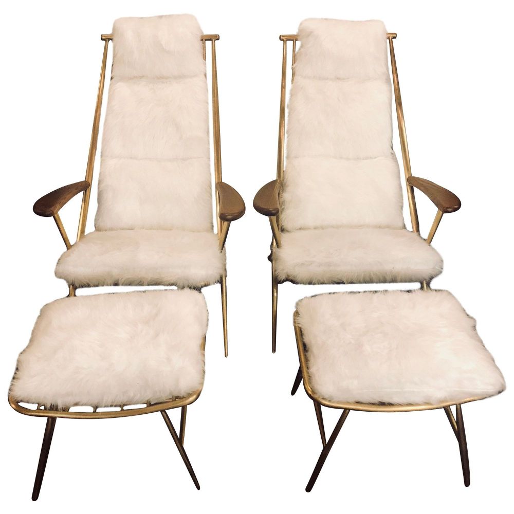 Pair of Hollywood Regency Style Shearling Lounge or Chaise Chairs and Ottomans