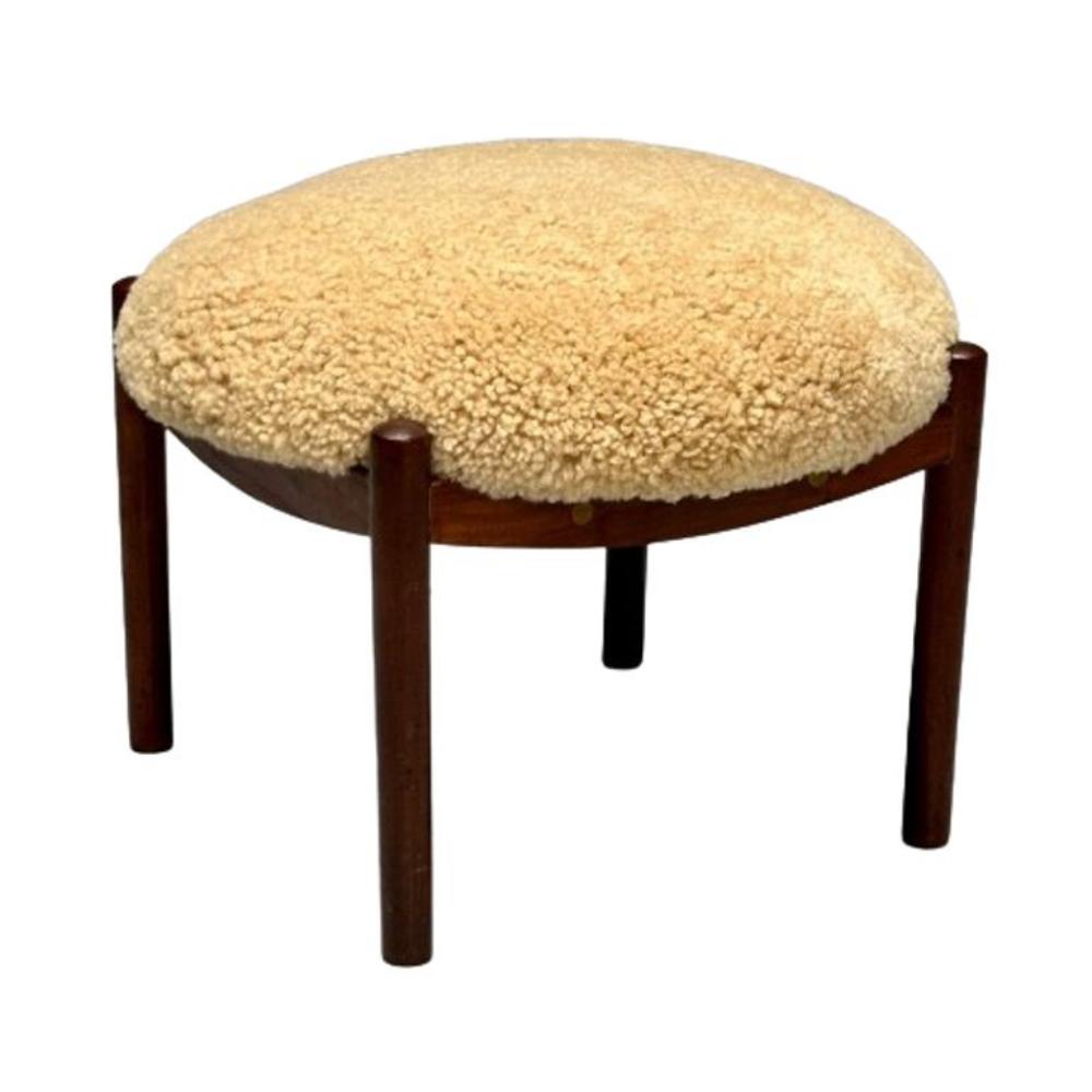 Swedish Mid-Century Modern, Shearling Stool, Honey Sheepskin, Wood, 1960s