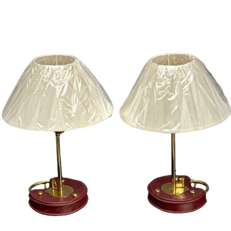 Cartier Style, Modern Key Table Lamps, Red Leather, Brass, Paper Shades