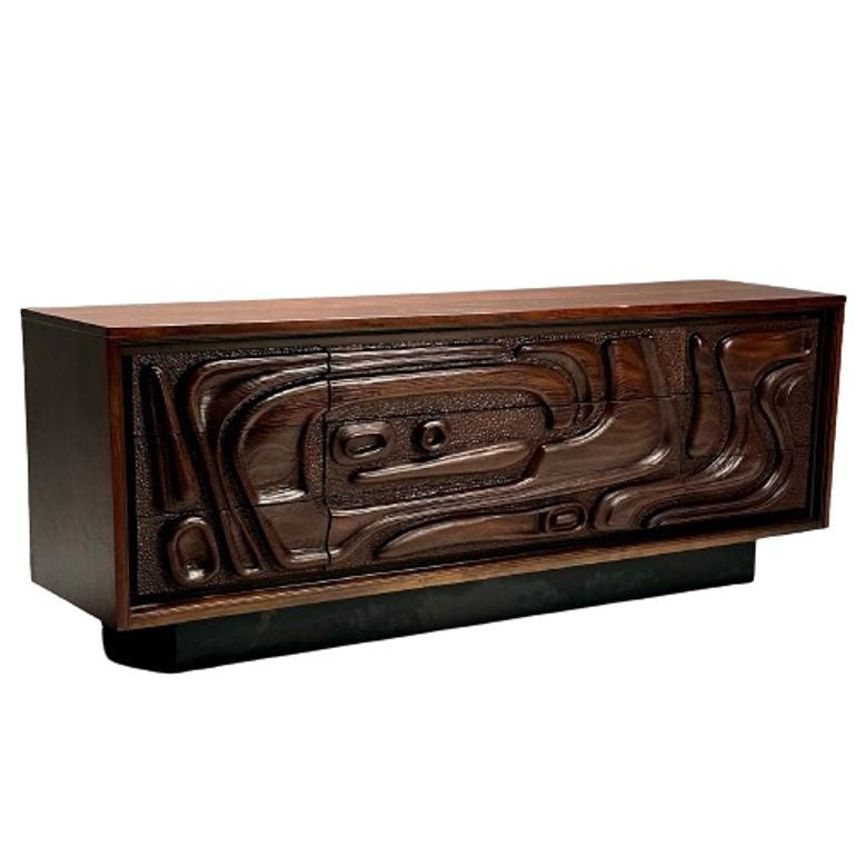 Pulaski, Brutalist Mid-Century Modern, Oceanic Dresser, Sculpted Walnut, 1960s