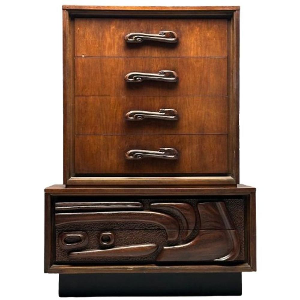 Pulaski, Brutalist Mid-Century Modern, Oceanic Highboy, Sculpted Walnut, 1960s