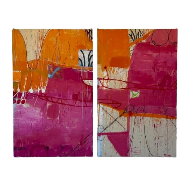 Gary Komarin, Contemporary Abstract Painting, Massive Diptych, Pink, Orange