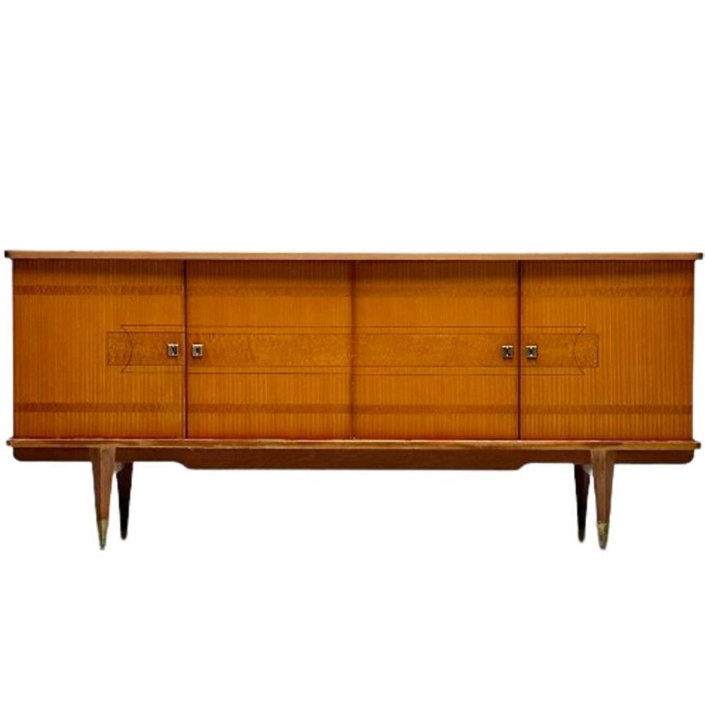 French Mid-Century Modern, Sideboard, Cuban Mahogany, Sycamore, Brass, 1940s