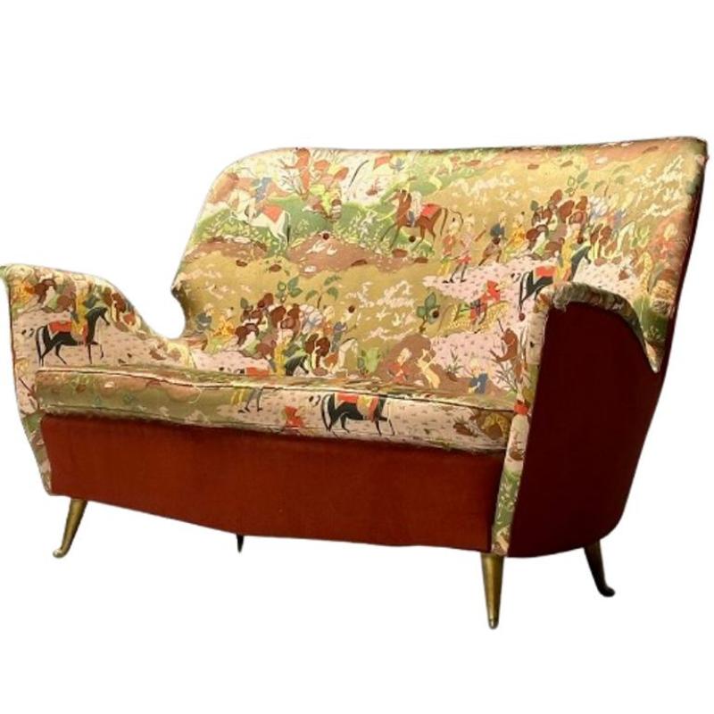 ISA Bergamo, Italian Mid-Century Modern, Sofa , Bronze, Oriental Fabric