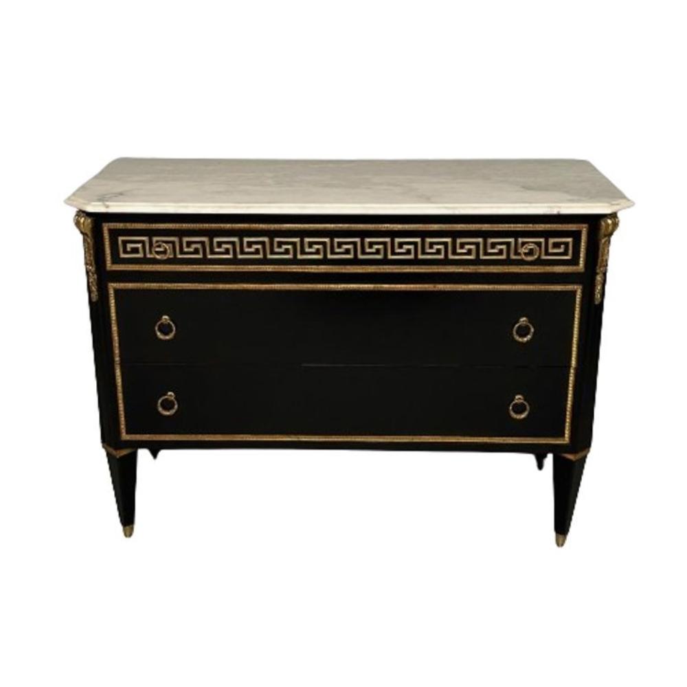 Hollywood Regency Ebonized Cabinet / Commode, Greek Key Motif, Bronze Mounted