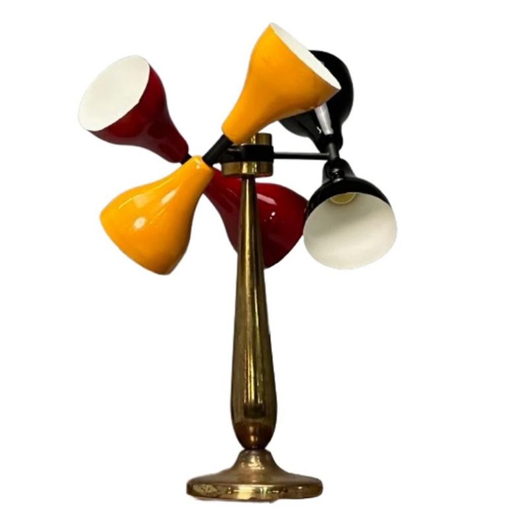 Italian Mid-Century Modern, Table Lamp, Enameled Shades, Patinated Brass, 1960s