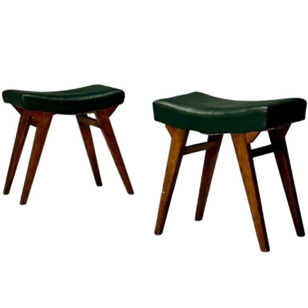 Italian Mid-Century Modern, Footstools, Stained Wood, Green Vinyl, Italy, 1960s