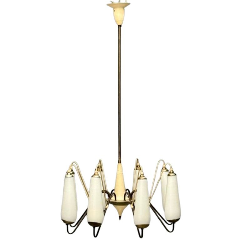 Italian Mid-Century Modern, Eight Light Chandelier, Brass, Metal, Opaline Glass