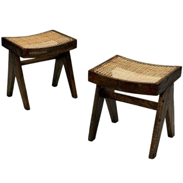 Pierre Jeanneret, French Mid-Century Modern, Footstools, Teak, Cane, Chandigarh