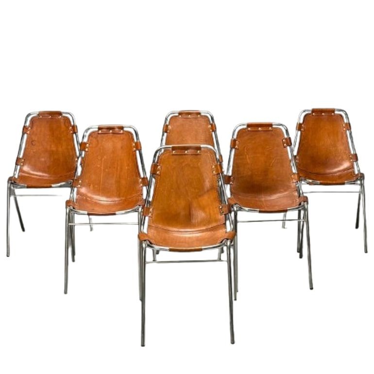 Charlotte Perriand, French Mid-Century Modern, Dining Chairs, Distressed Leather