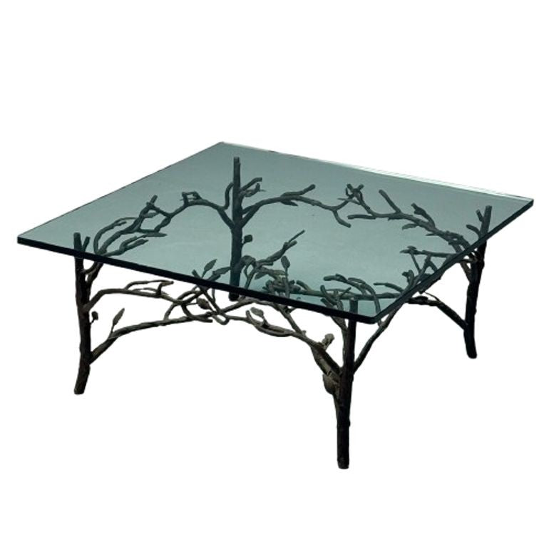 Giacometti Style, Mid-Century Modern, Square Coffee Table, Nature Motif, Metal