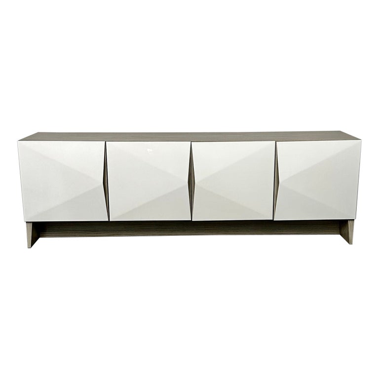 Modern Geometric Ceruse Oak Dresser, Sideboard, Cabinet, White Lacquered,