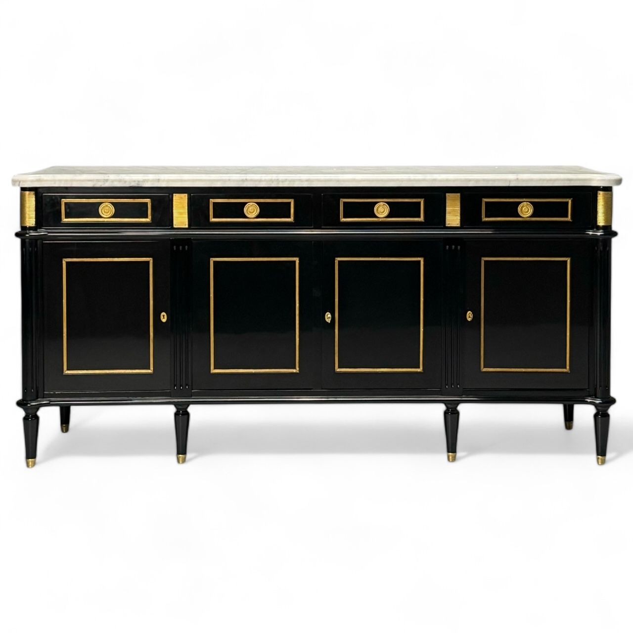 Louis XVI Style, Hollywood Regency, Sideboard, Black Lacquer, Marble, Bronze