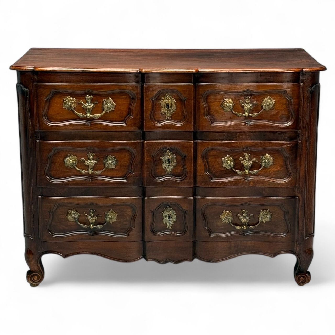 Baroque, French Louis XV, Provincial Cabinet, Walnut, Patinated Brass, 18th C.