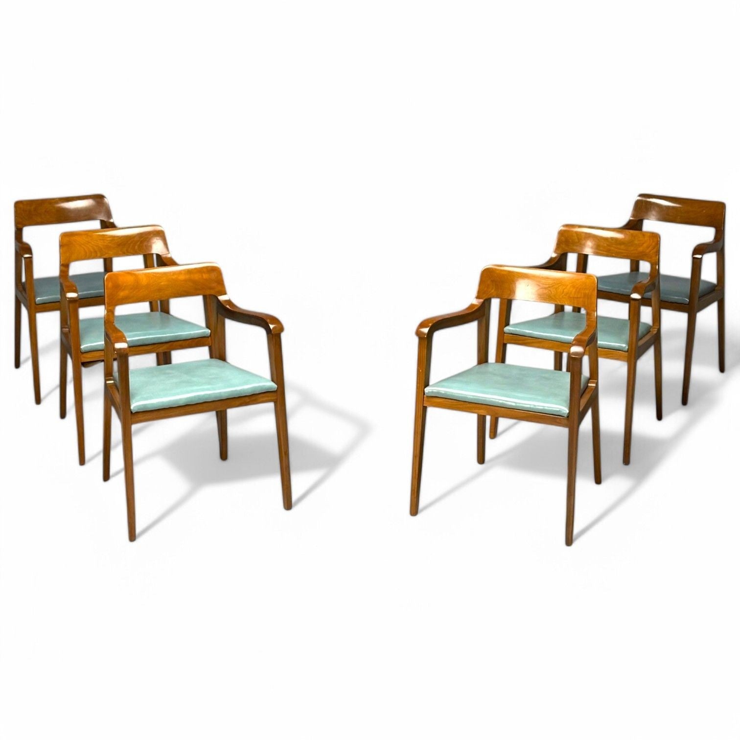 Edward Wormley, Dunbar, Six Riemerschmid Dining Chairs, Walnut, Leather, 1940s