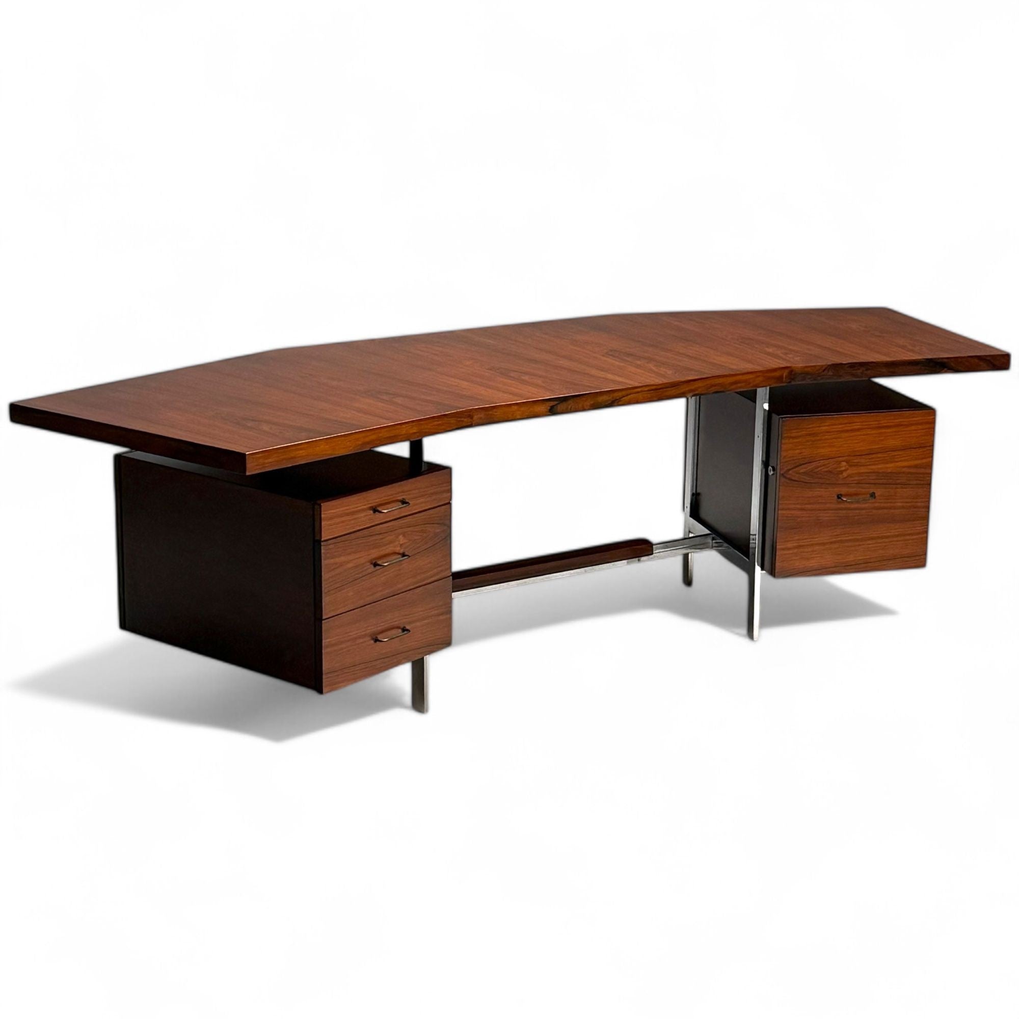 Italian Mid-Century Modern, Demilune Writing Desk, Rosewood, Steel, Italy, 1950s