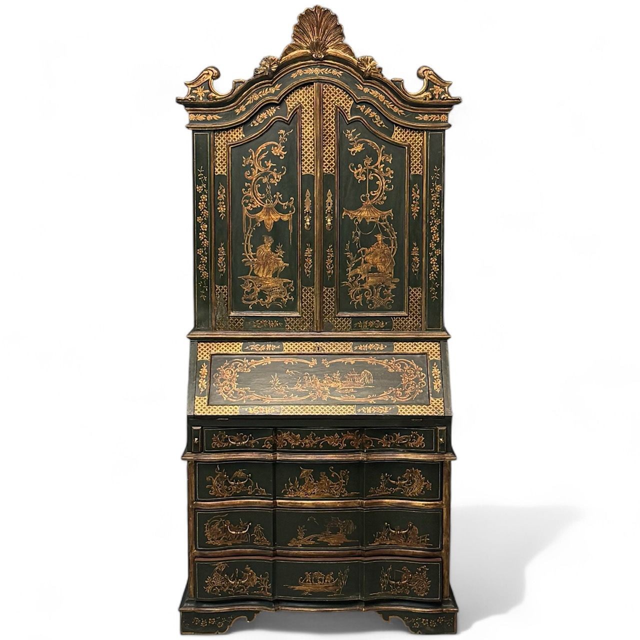 George I Style, Chinoiserie, Green-Japanned Desk, Bookcase, Parcel-Gilt, 1920s