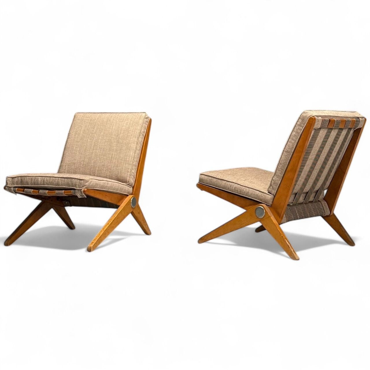 Pierre Jeanneret, Knoll, Mid-Century Modern, Scissor Chairs, Tan Linen, 1950s