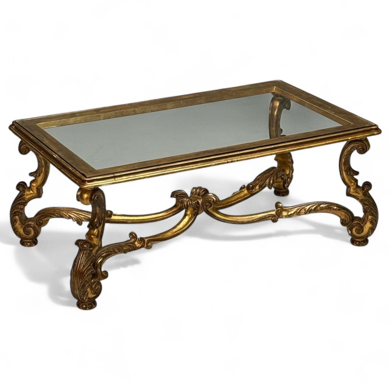 Hollywood Regency, Coffee Table, Gilt Wood, Gold Leaf, Glass, Italy, 1960s