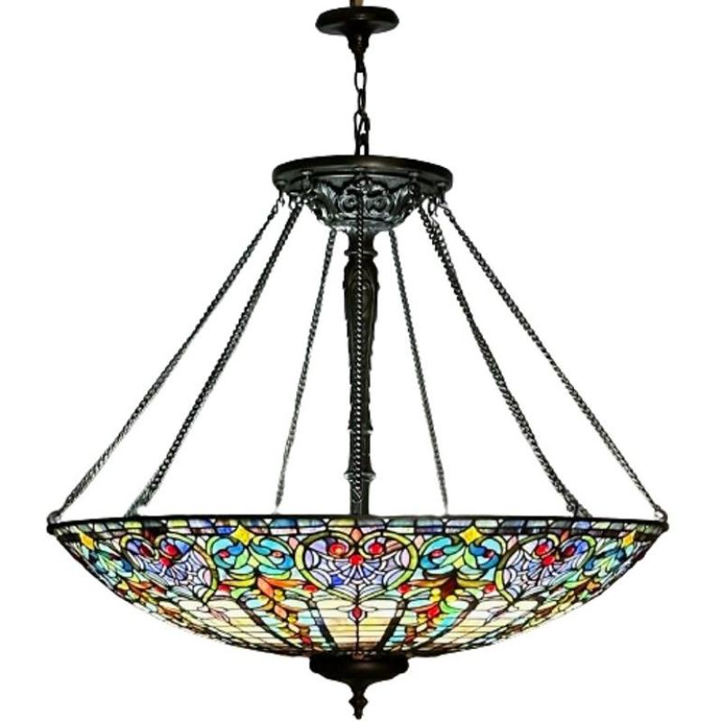 Quoizel, Tiffany Style, Bowl Chandelier, Resin, Art Glass, Bronze, 2010s